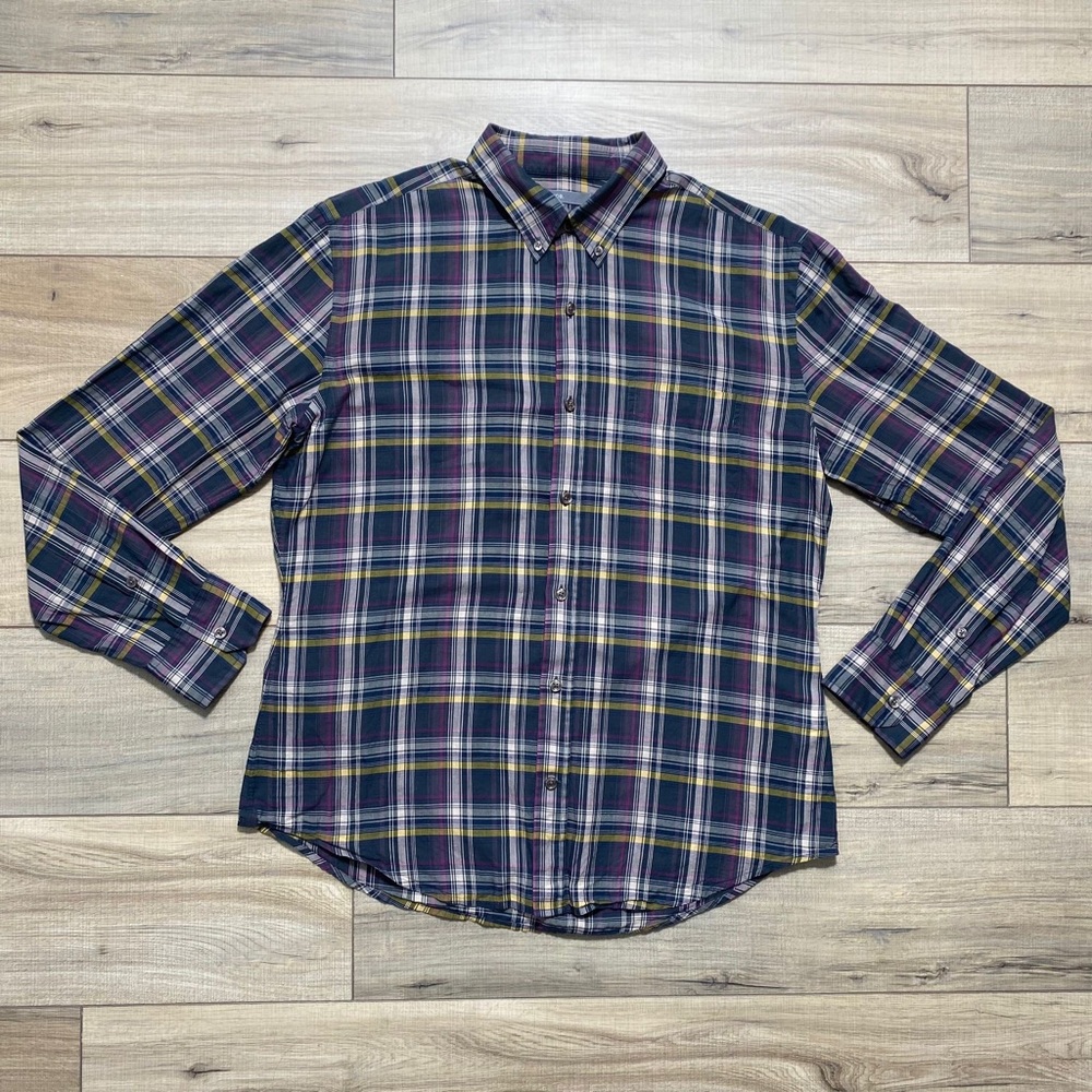 Vince Mens Long Sleeve Button Down Plaid Cotton Shirt Size Large Dark Gray